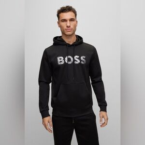 BOSS Men's Black and Silver Logo Hoodie